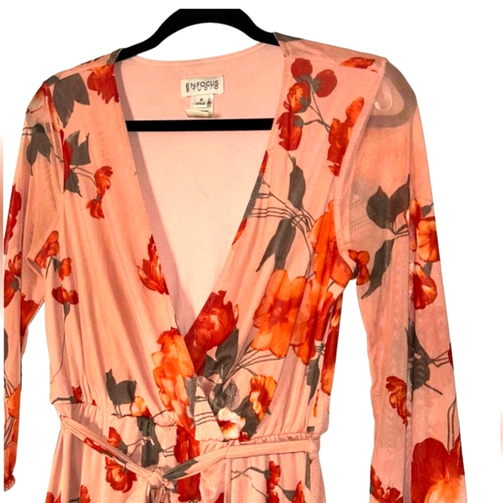 Enfocus Studio Fall Floral Chiffon Maxi Dress Tie Waist Long Sheer Sleeves Sz 6 - Picture 4 of 14
